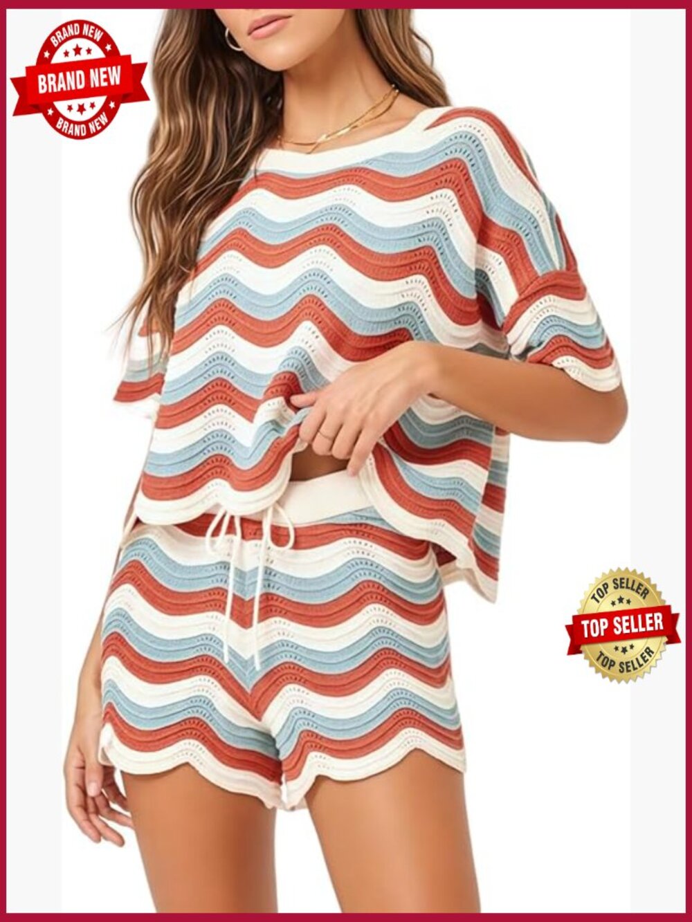 Crochet 2 Piece Short Sleeve Striped Cover Up Shorts Set Beach Outfit